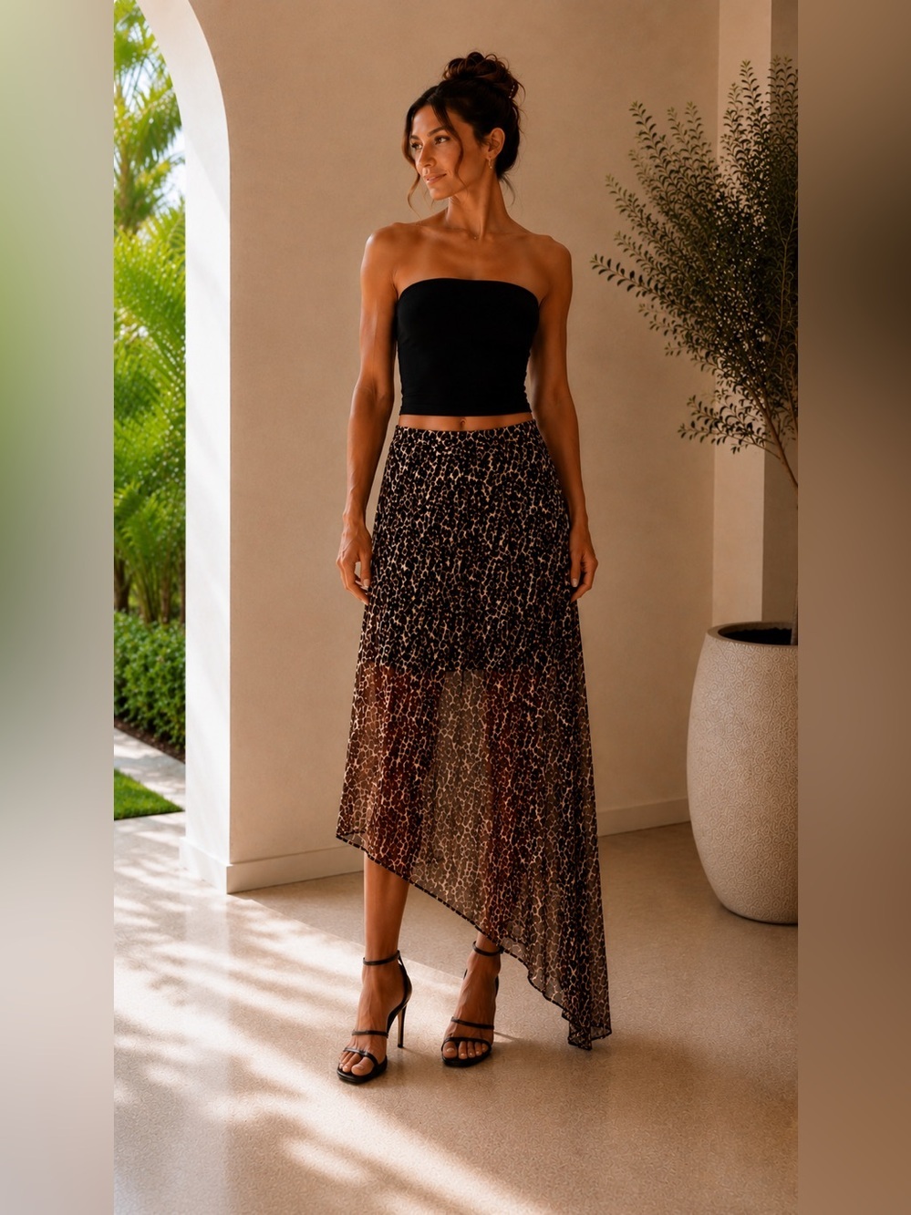 HYFVE Leopard Print Mesh Asymmetrical Maxi Skirt Size M Sheer Overlay Y2K